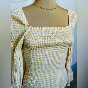 Yellow White Gingham Smocked Blouse Womens Puff Sleeve Cottagecore Picnic Top L